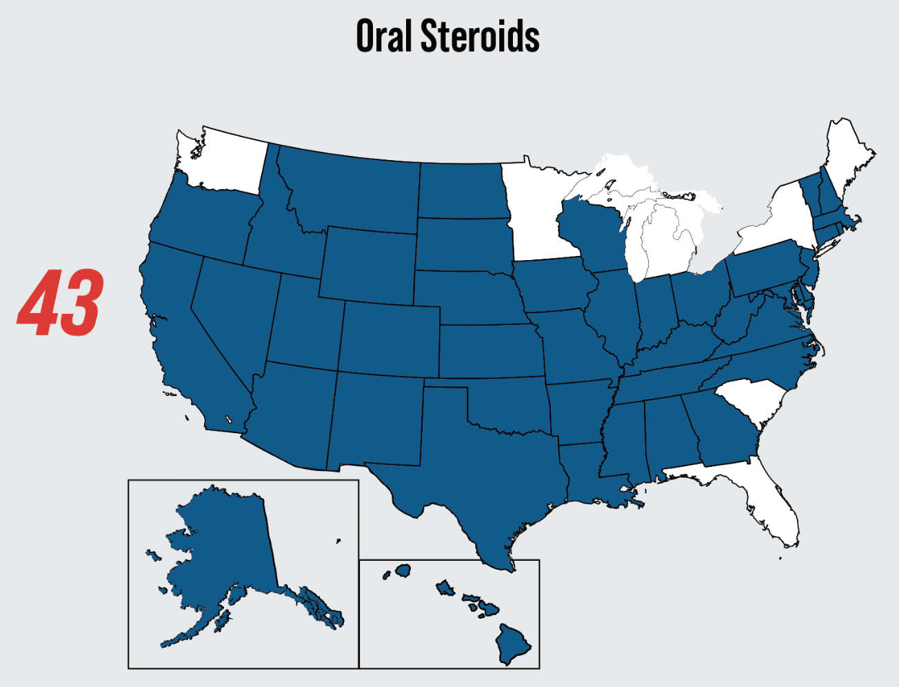 Fig. 1. This map displays the 43 US states where optometrists are currently authorized to prescribe oral steroids.