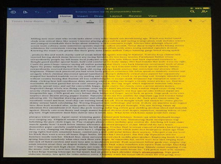 Fig. 1. This is how a computer screen appears when viewed through either a filter that blocked 99% of blue light (right) or an equiluminant 0.3log unit neutral density filter (left). This image, which shows the bright yellow appearance of the blue-blocking filter, is for illustrative purposes only. In the study, only one of the filters was present for each experimental trial.26