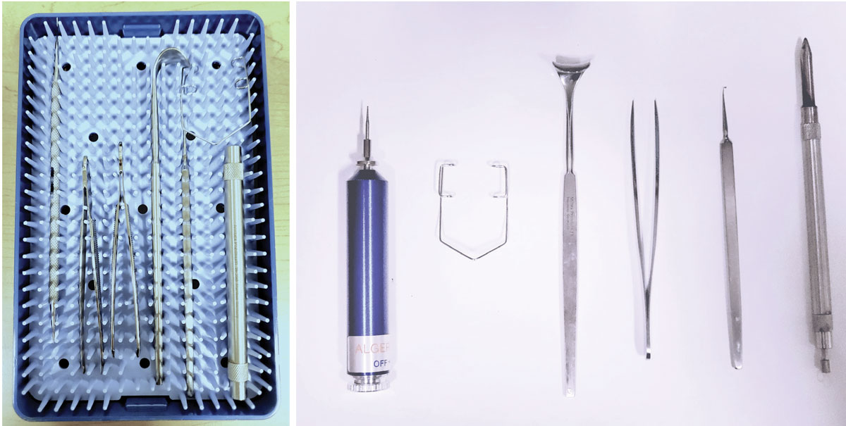 Fig. 3. Foreign body removal kit (left). Instruments from left to right: Algerbrush, speculum, eyelid retractor, jewelers forceps, golf club spud and magnetic probe (right).