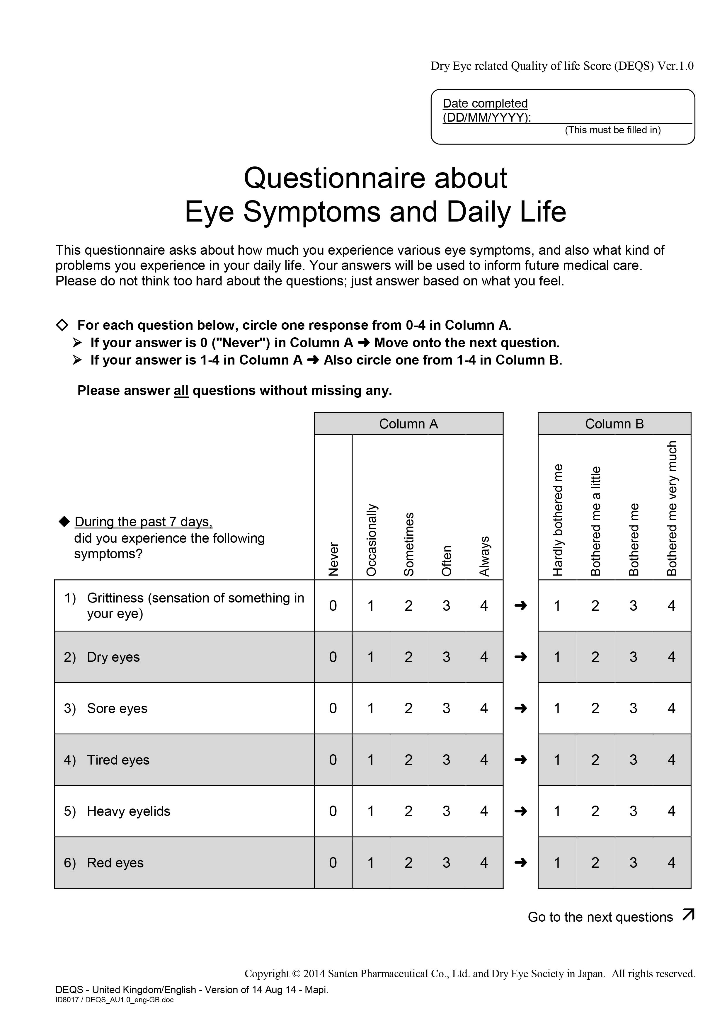 The DEQS Questionnaire is similar to the DEQ and DEQ-5, although it incorporates more questions about a patient’s quality of life. 