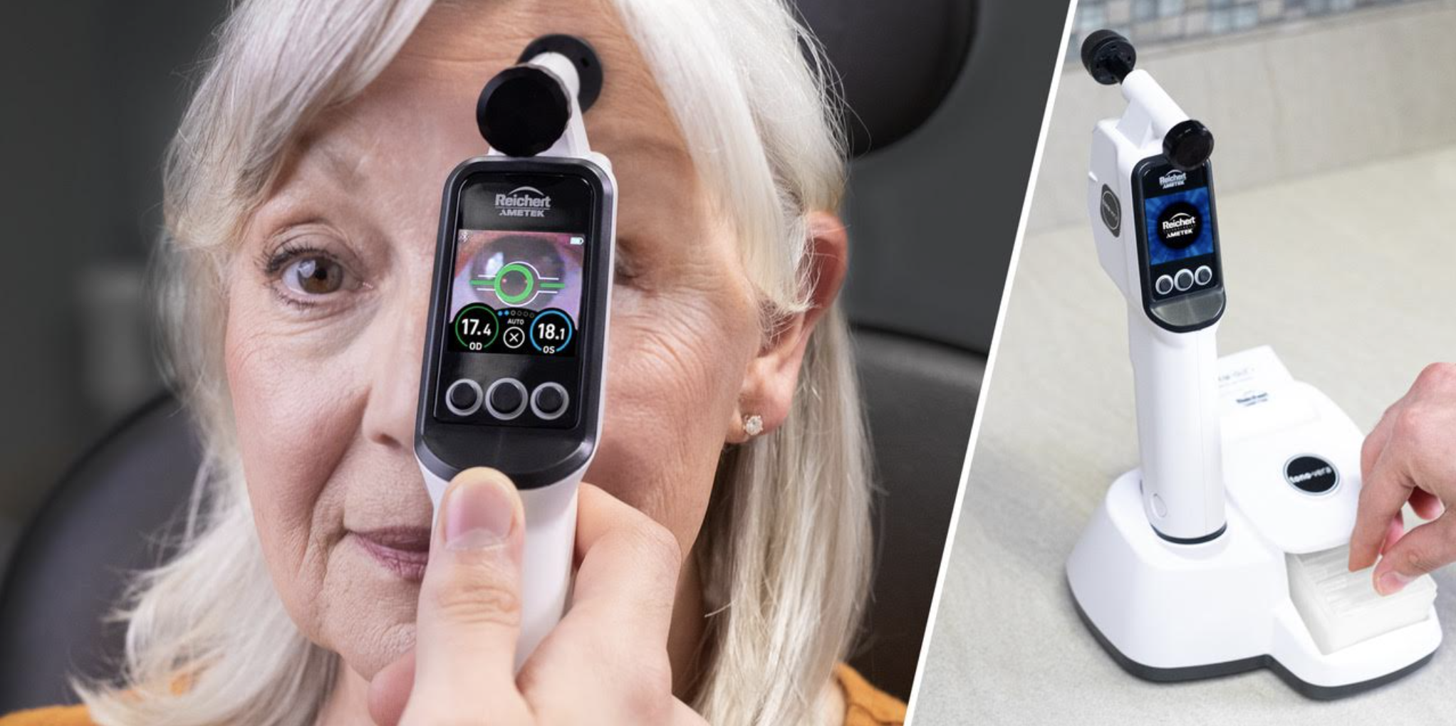 A new automated tonometer called "Tono-Vera" features visual markings on the screen to guide proper placement. 