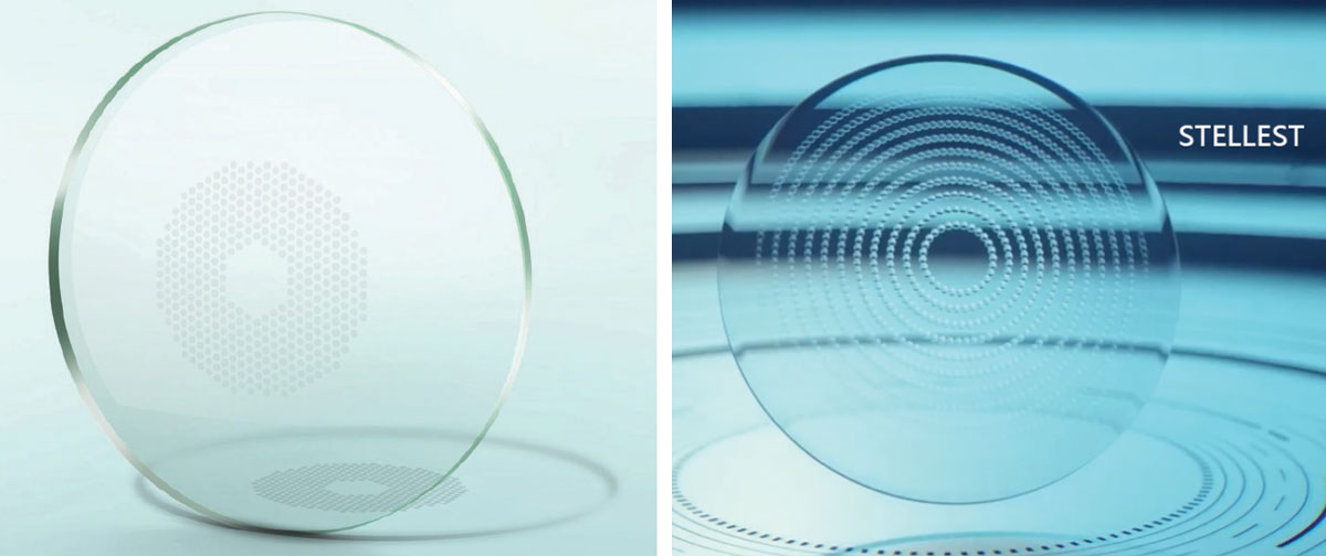 The Miyosmart lens from Hoya (left) contains a 9.4mm diameter central zone of distance vision surrounded by a honeycomb-like pattern of 396 defocusing lenslets of +3.50D power, equally distributed. Essilor’s Stellest (right) is designed with a similar 9mm central zone. However, the surrounding is made of highly aspherical lenses, varying in distribution and power vs. distance refractive error correction, along 11 segmented rings, to generate a volume of defocus following the retinal shape.