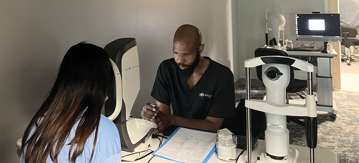 A technician obtains axial length measurement. Optical biometry is the best way to track myopia progression.