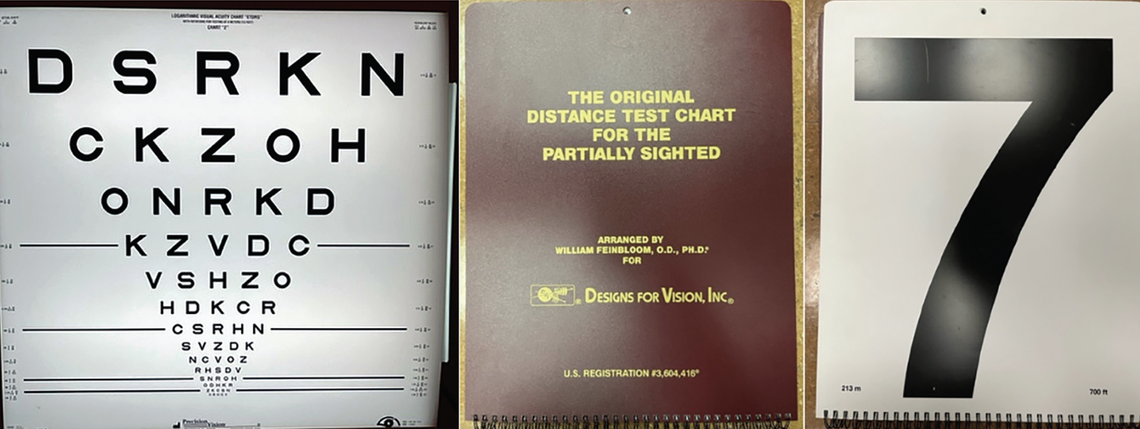 Fig. 3. The ETDRS chart (left) and Feinbloom Low Vision chart (middle/right) are useful for assessing vision in GA patients who are unable to read the largest optotypes from the standard 4m viewing distance. 