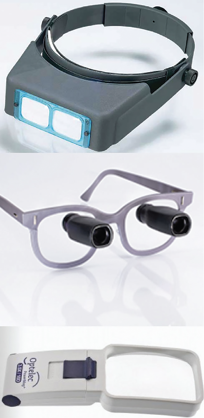 Fig. 4. Three low vision aids include Optivisor (Donegan Optical Company) with light for intermediate tasks (top), spectacle-mounted telescope for distance enhancement (middle) and Optelec illuminated handheld magnifier for spot reading (bottom).